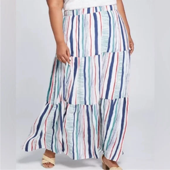 LANE BRYANT UEC Size 14/16 Striped Tiered Maxi Skirt Pull on style elastic waist - Picture 1 of 9